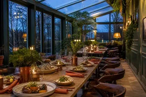Restaurant tables in the conservatory dining room